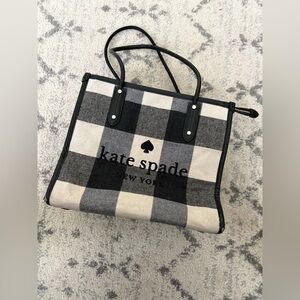 Kate Spade New York Ella Large Plaid Tote Black White Plaid Leather Trim